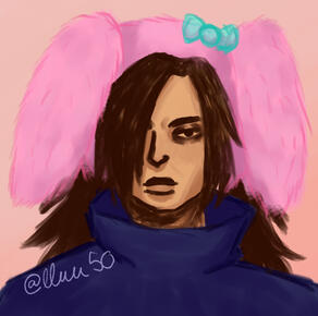 A digital portrait of Uchiha Madara with My Melody's fluffy baby pink headband.